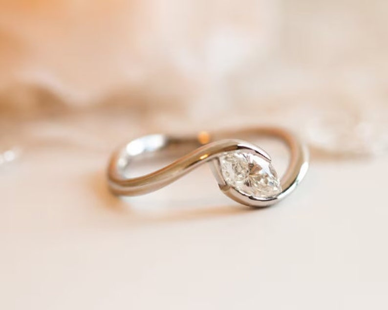 Marquise Engagement Ring East West Marquise Ring Bypass Ring Marquise Swirl Ring 10K White Gold Ring Lab Grown Diamond Ring Engagement Gifts