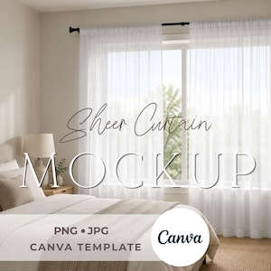 May include: A white sheer curtain hanging on a black rod over a window. The image features the text Sheer Curtain MOCKUP, PNG JPG, CANVA TEMPLATE, and a circular logo with the text Canva. The scene includes a bed with pillows and a lamp.
