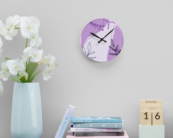 Stylish Modern Acrylic Wall Clock - Purple Floral Design, Home Decor, Gift for Her, Office Wall Art, Minimalist Timepiece, Boho Chic
