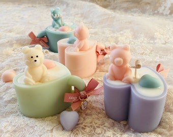 A Cup of Love Candle, Handmade Natural Wax Teddy Bear Gift (Personalised)