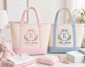 Personalized Baby Tote Bag, Custom Embroidered Monogram Canvas Bag, Pink or Blue Gingham Diaper Bag, Baby Shower Gift