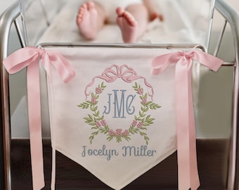 Personalisierte Baby Banner, Blumenwappen Willkommen Banner mit Schleifen, Baby Banner mit Schleifen, Krankenhaus Türschild, Babypartygeschenke, Neugeborenen Geschenke