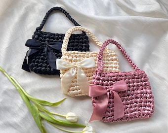 Crochet Ribbon Bag, Satin Ribbon Bag, Shoulder bag, Coquette crochet bag, Aesthetic Crochet Bag, Bow Crochet Bag