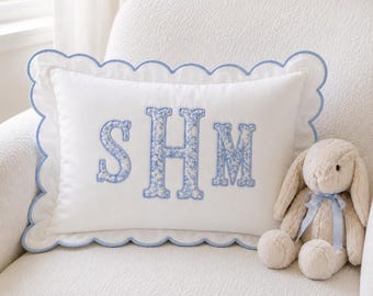 Personalized Monogram Pillow Cover, Custom Embroidered Initials Pillowcase, Blue Floral Nursery Pillow, Scalloped Decor