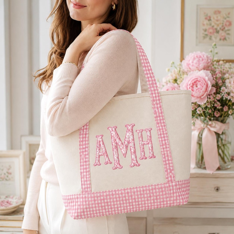 Personlig gingham-tygväska, monogramcanvasväska, vardagsväska, brudtärnepresent, lärarväska, mammaväska, personlig present till henne bild 4