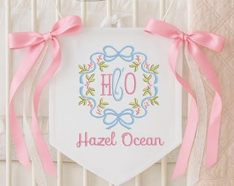 Custom Baby Banner, Embroidery Welcome Banner with Flower Frame, Monogram Baby Banner, Hospital Door Crib, Baby Shower Gifts, Newborn Gifts