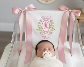 Custom Baby Banner, Welcome Banner with Floral Crest, Bows Baby Banner, Hospital Door Sign, Baby Shower Gifts, Newborn Gifts, Baby Girl
