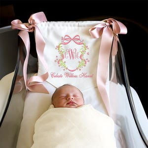 Personalized Baby Name Banner with Floral Crest, Embroidered Welcome Sign with Bows, Hospital Door Sign, Newborn Name Announcement