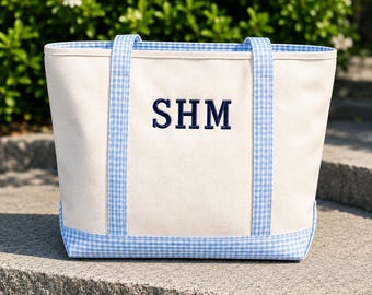 Personalized Canvas Tote Bag, Gingham Accents, Custom Monogram Initials