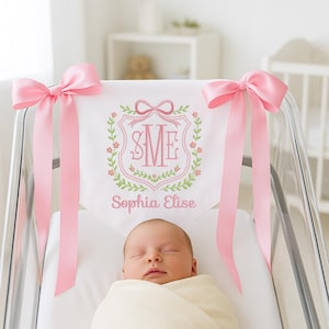 Personalized Baby Banner, Welcome Banner with Floral crest, Bows Baby Banner, Hospital Door Sign, Baby Shower Gifts, Newborn Gifts