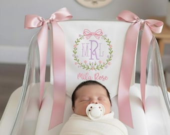 Custom Baby Banner, Welcome Banner with Floral Crest, Bows Baby Banner, Hospital Door Sign, Baby Shower Gifts, Newborn Gifts, Baby Girl