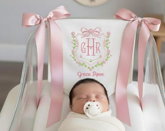 Personalized Baby Banner, Welcome Banner with Floral Crest, Bows Baby Banner, Hospital Door Sign, Baby Shower Gifts, Newborn Gift, Baby Girl