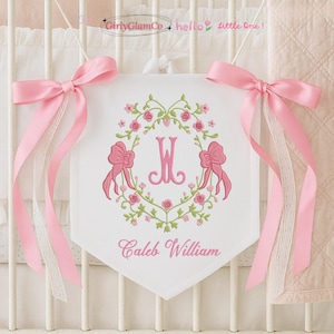 Custom Embroidered Baby Banner, Welcome Banner with Floral crest, Bows Baby Banner, Hospital Door Sign, Baby Shower Gifts, Newborn Gifts