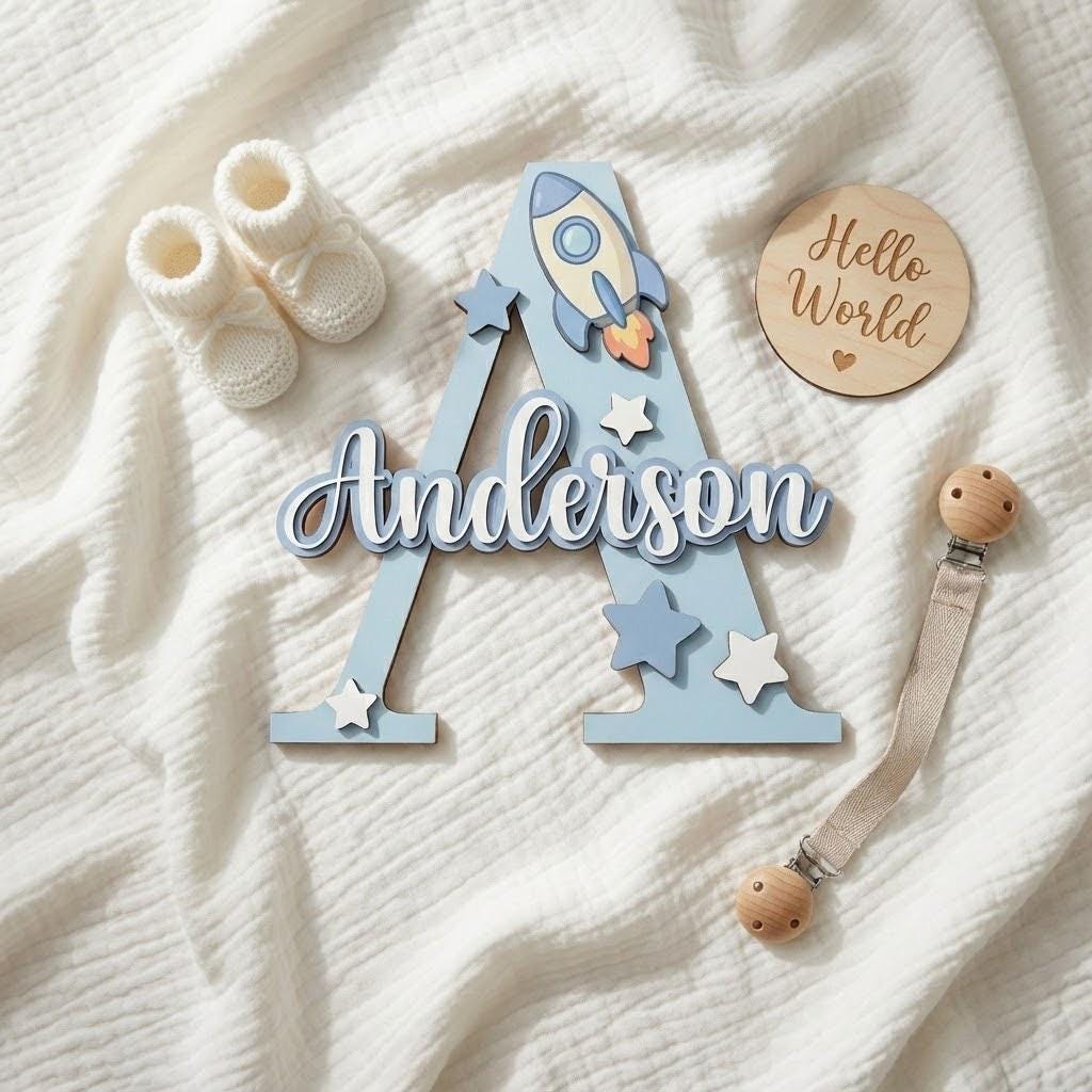 Personalized Wooden Name Sign With Initial and Cute Icons for Kids Room ...