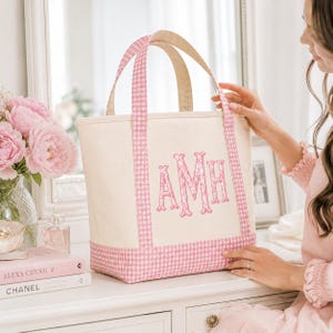Personlig gingham-tygväska, monogramcanvasväska, vardagsväska, brudtärnepresent, lärarväska, mammaväska, personlig present till henne bild 2