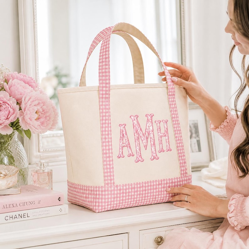 Personlig gingham-tygväska, monogramcanvasväska, vardagsväska, brudtärnepresent, lärarväska, mammaväska, personlig present till henne bild 2