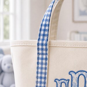 Personlig gingham-tygväska, monogramcanvasväska, vardagsväska, brudtärnepresent, lärarväska, mammaväska, personlig present till henne bild 9