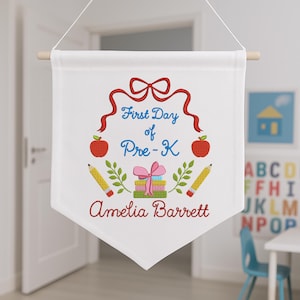 Personalized Back to School Banner, First Day of School Pennant, Embroidered Flag Pennant, Custom Back to School Sign, Classroom Decor