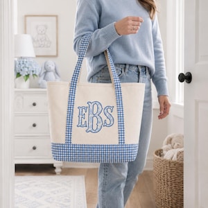 Personlig gingham-tygväska, monogramcanvasväska, vardagsväska, brudtärnepresent, lärarväska, mammaväska, personlig present till henne bild 6
