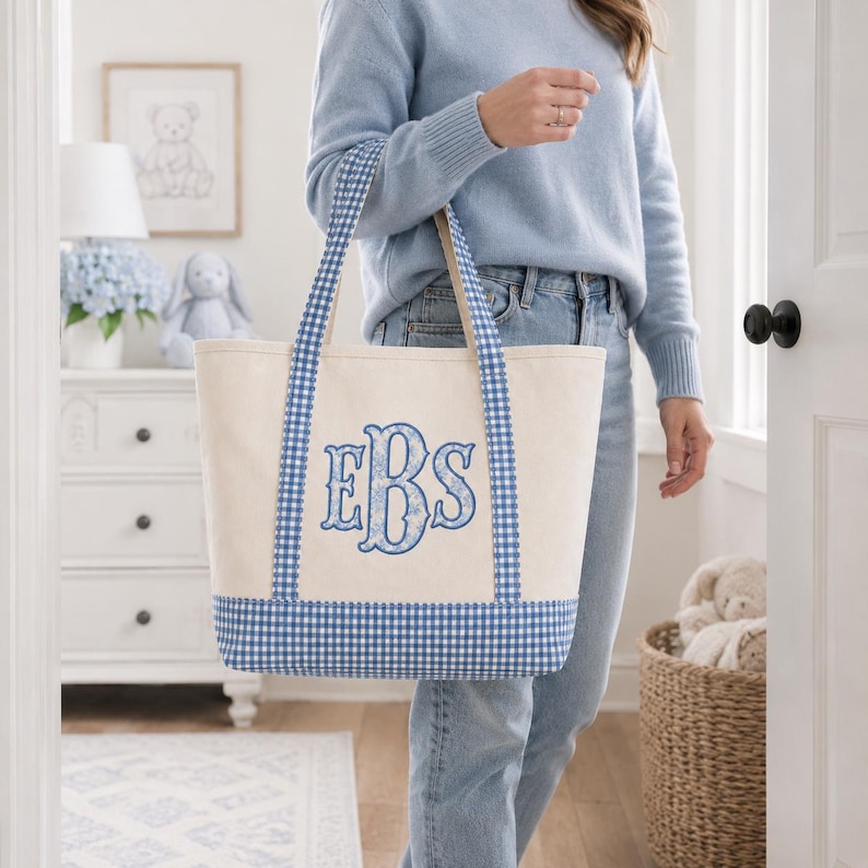 Personlig gingham-tygväska, monogramcanvasväska, vardagsväska, brudtärnepresent, lärarväska, mammaväska, personlig present till henne bild 6