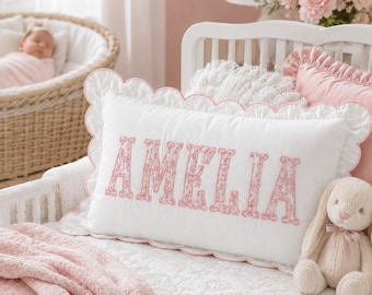 Custom Embroidered Name Pillow Cover, Personalized Nursery Pillowcase, Floral Letter Baby Pillow Cover, Scalloped Baby Room Decor Gift