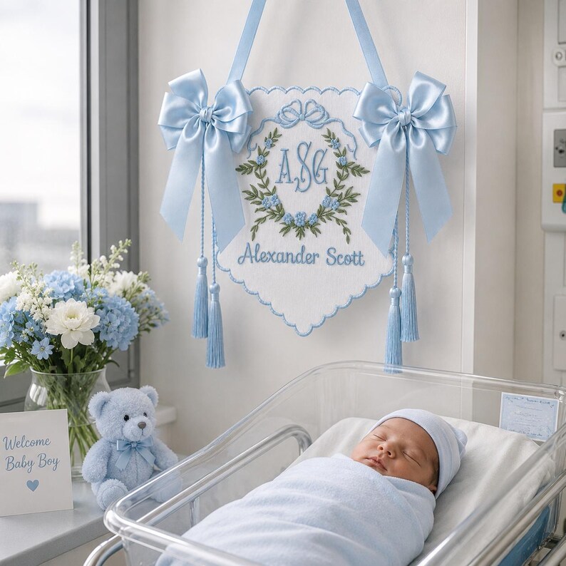 Embroidered Floral Crest Tassel Sign, Baby Banner, Personalized Name ...