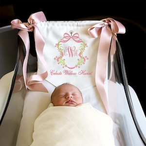 Personalized Christian Baby Name Banner with Floral Crest, Embroidered Welcome Sign with Bows, Hospital Door, Newborn Name Announcement
