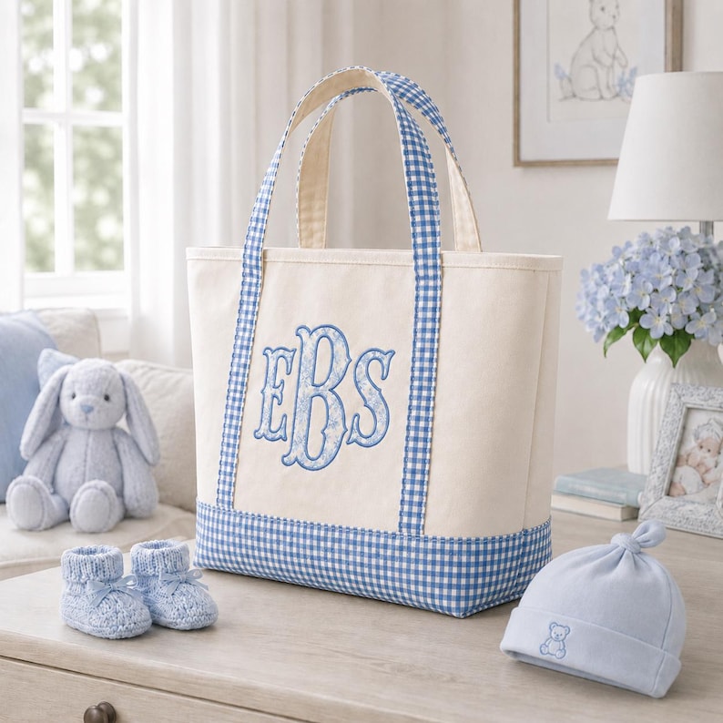 Personlig gingham-tygväska, monogramcanvasväska, vardagsväska, brudtärnepresent, lärarväska, mammaväska, personlig present till henne bild 7