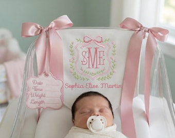 Bannière personnalisée pour bébé avec plaque nominative de naissance, bannière de bienvenue avec écusson floral, bannière avec nœuds, plaque de porte d'hôpital, cadeaux de baby shower