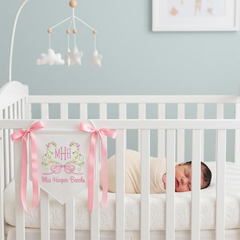 Custom Baby Banner With Heart Floral, Welcome Banner With Floral Crest ...