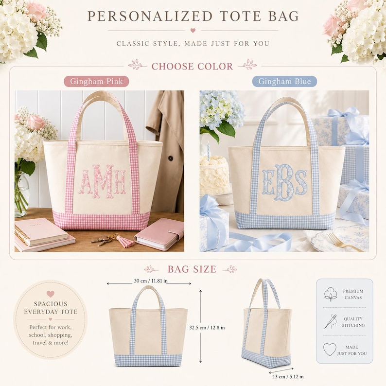 May include: A personalised canvas tote bag with gingham trim in pink or blue. The bag features two handles, a rectangular base, and embroidered monogram letters. Dimensions are 30 cm wide, 32.5 cm high, and 13 cm deep.