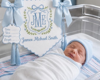 Personalized Floral Crest Tassel Sign, Baby Boy Banner, Welcome Banner, Hospital Door Sign, Baby Shower, Bassinet or Crib Announcement