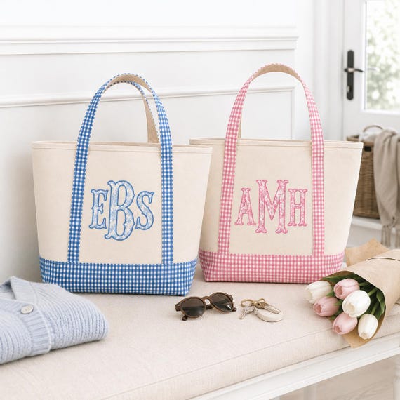Personalized Gingham Tote Bag, Monogram Canvas Bag, Everyday Carryall, Bridesmaid Gift, Teacher Bag, Mom Bag, Personalized Gift for Her