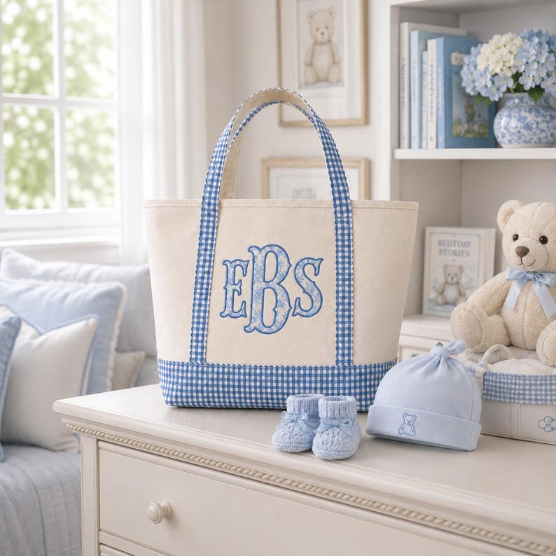 Personlig gingham-tygväska, monogramcanvasväska, vardagsväska, brudtärnepresent, lärarväska, mammaväska, personlig present till henne bild 10