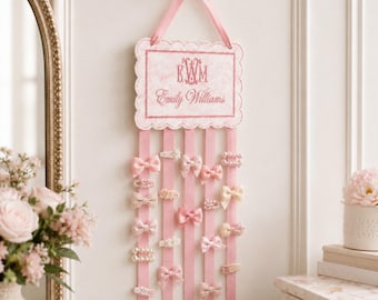 Personalized Baby Girl Bow Holder, Embroidered Monogram Hair Bow Organizer, Custom Name Hair Clip, Nursery Wall Decor, Toddler Room Decor