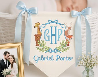 Bannière personnalisée pour bébé, animaux de la forêt brodés, décoration de chambre d'enfant