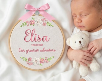 Personalized Baby Name Embroidery Hoop with Floral, Baby Shower Gift, Embroidery Gift for Newborn, Newborn Nursery Decor, Birth Date Gift