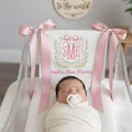 Custom Baby Banner, Welcome Banner with Floral Crest, Bows Baby Banner, Hospital Door Sign, Baby Shower Gifts, Newborn Gifts, Baby Girl product logo