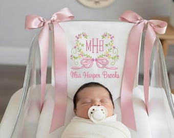 Custom Baby Banner With Heart Floral, Welcome Banner with Floral Crest, Bows Baby Banner, Hospital Door Sign, Baby Shower Gifts