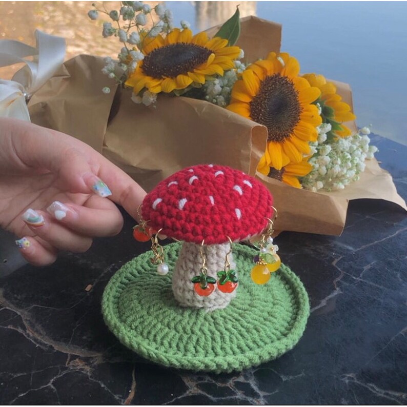 Crochet Mushroom Earring Stand Holder Handmade Crochet Mushroom