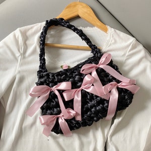 Satin Bow Crochet Bag, Ribbon crochet bag, Shoulder bag, Coquette crochet bag, Aesthetic Ribbon Bag, Gift for Her, Bridesmaid gift