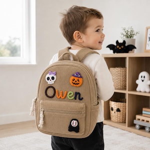 Personalized Halloween Backpack, Custom Yarn Name Kids Bag, Corduroy Pumpkin Ghost Bat Preschool Bookbag, Toddler Fall Gift