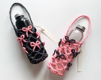 Crochet Water Bottle Holder, Black and Pink with Ribbon Design Water Bottle Bag, Handmade Water Bottle Carrier, Water Bottle Hanging Bag