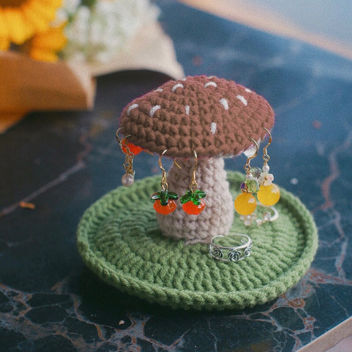 Crochet Mushroom Earring Stand Holder Handmade Crochet Mushroom