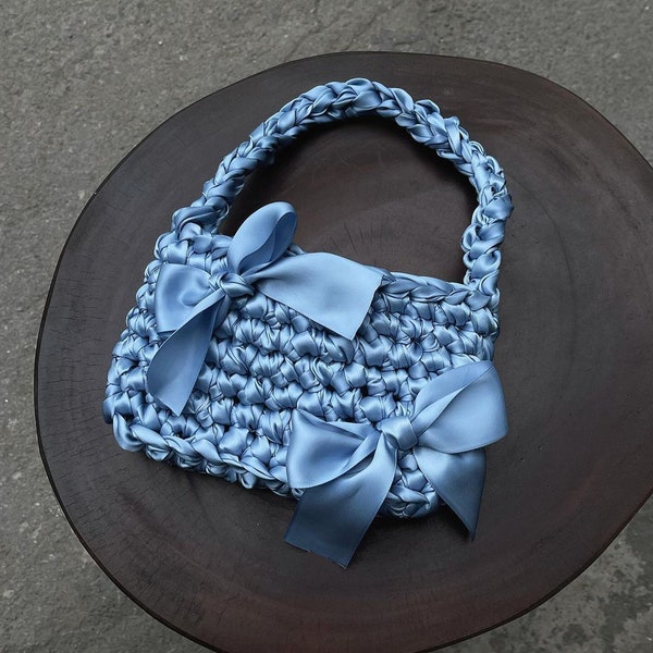 Crochet Bag with Ribbon, Ribbon Crochet Bag, Shoulder bag, Coquette crochet bag, Aesthetic Crochet Bag, Bow Crochet Bag