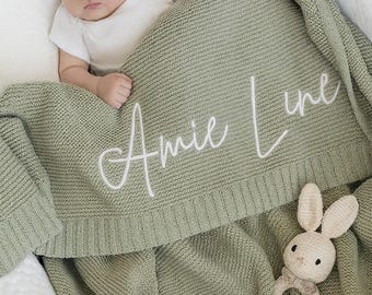 Personlig babyfilt, broderad stickad bomull, babyshowerpresent