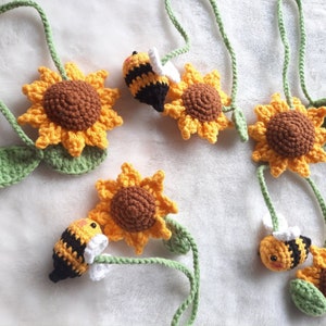 Crochet Sunflower & bumble bee Headphone Accessory, Crochet Sunflower Bookmark, Crochet Cable Tie, Cute Crochet Gifts, Boho Accessory