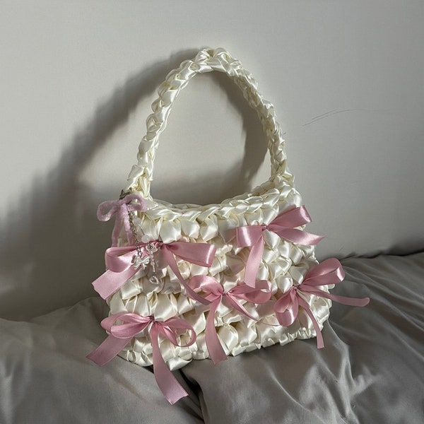 Satin Bow Crochet Bag, Ribbon crochet bag, Shoulder bag, Coquette crochet bag, Aesthetic Ribbon Bag, Satin Ribbon Tote Bag, Gift for her