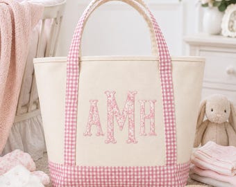 Personalized Gingham Canvas Tote Bag, Monogram Everyday Carryall, Classic Preppy Style