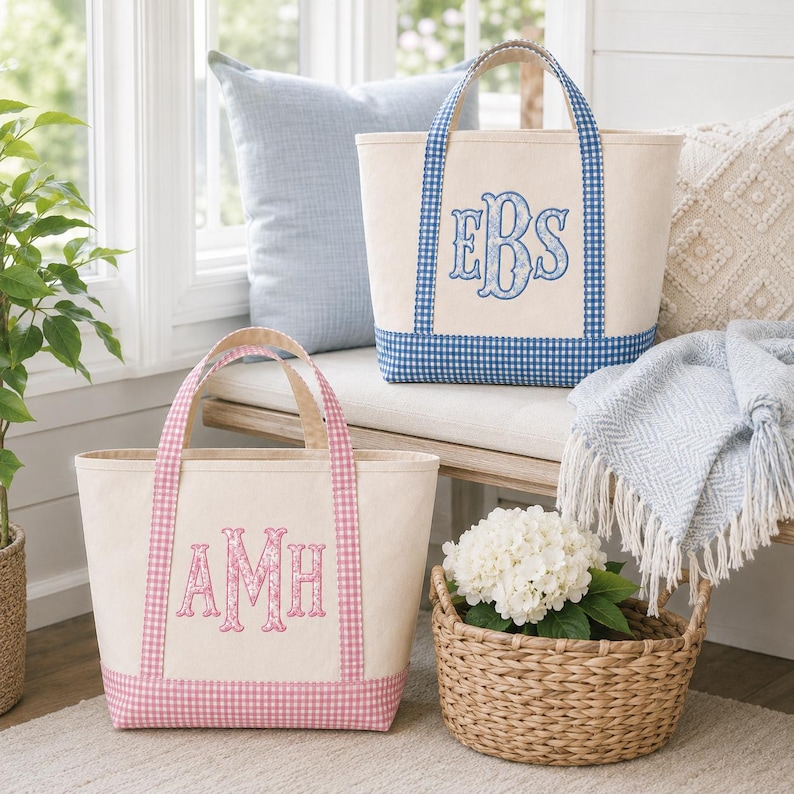 Personalized Gingham Tote Bag, Monogram Canvas Bag, Everyday Carryall, Bridesmaid Gift, Teacher Bag, Mom Bag, Personalized Gift for Her image 5